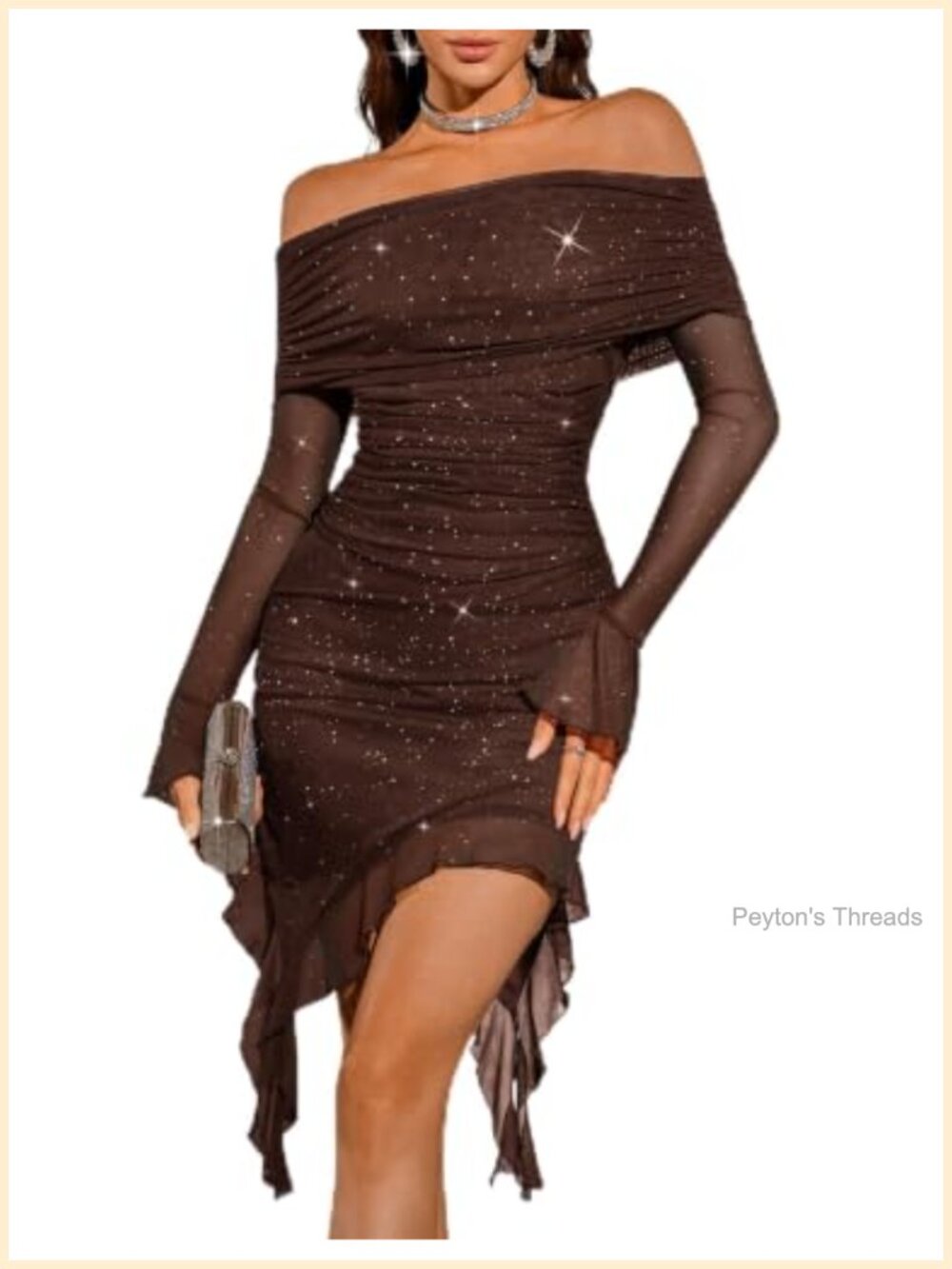 Off Shoulder Sequin Ruched Bodycon Dress Long Sleeve Club Party